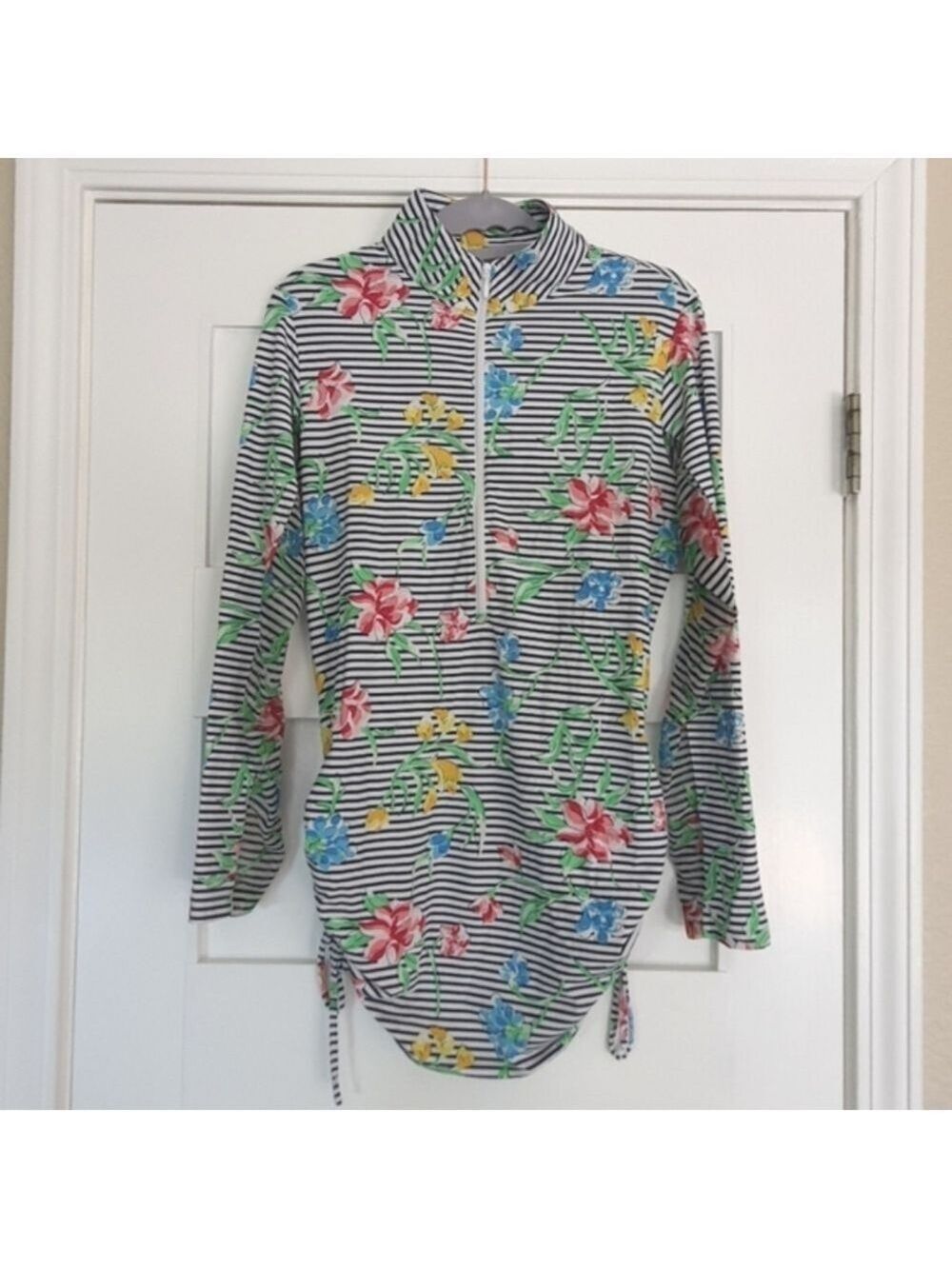 IBKUL Striped Zip Mock Neck Tunic Top Cinch Sides Floral UPF 50 Mesh Long Sleeve